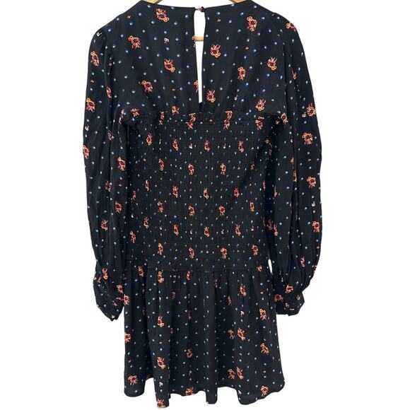 Free‎ People Two Faces Smocked Printed Mini Dress Black Combo Size Large - Picture 5 of 12
